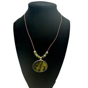 Vtg KC Kenneth Cole Enamel Green Pendant Necklace Glitter Silver Tone Adjustable